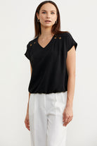 Beli Lastikli V Yaka Crop Bluz - Siyah (2) Sementa