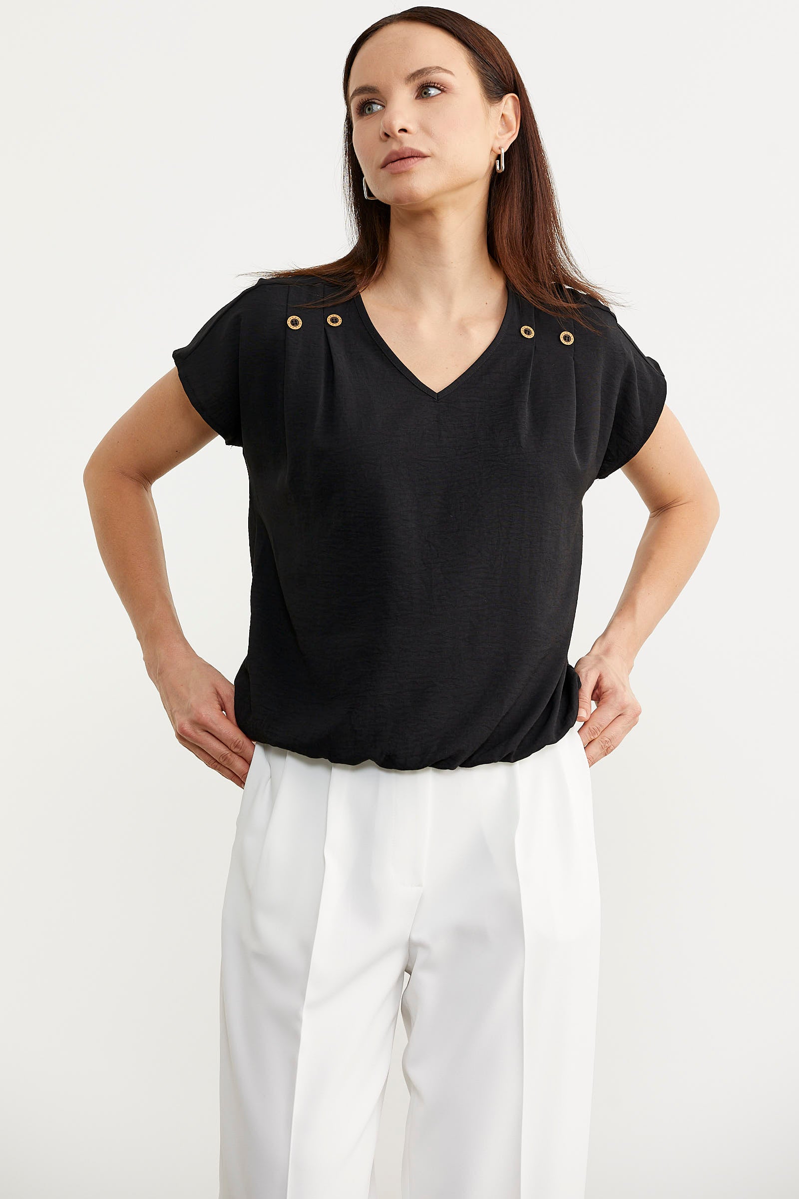 Beli Lastikli V Yaka Crop Bluz - Siyah (3) Sementa