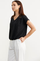 Beli Lastikli V Yaka Crop Bluz - Siyah (5) Sementa