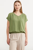 Beli Lastikli V Yaka Crop Bluz - Yeşil (1) Sementa