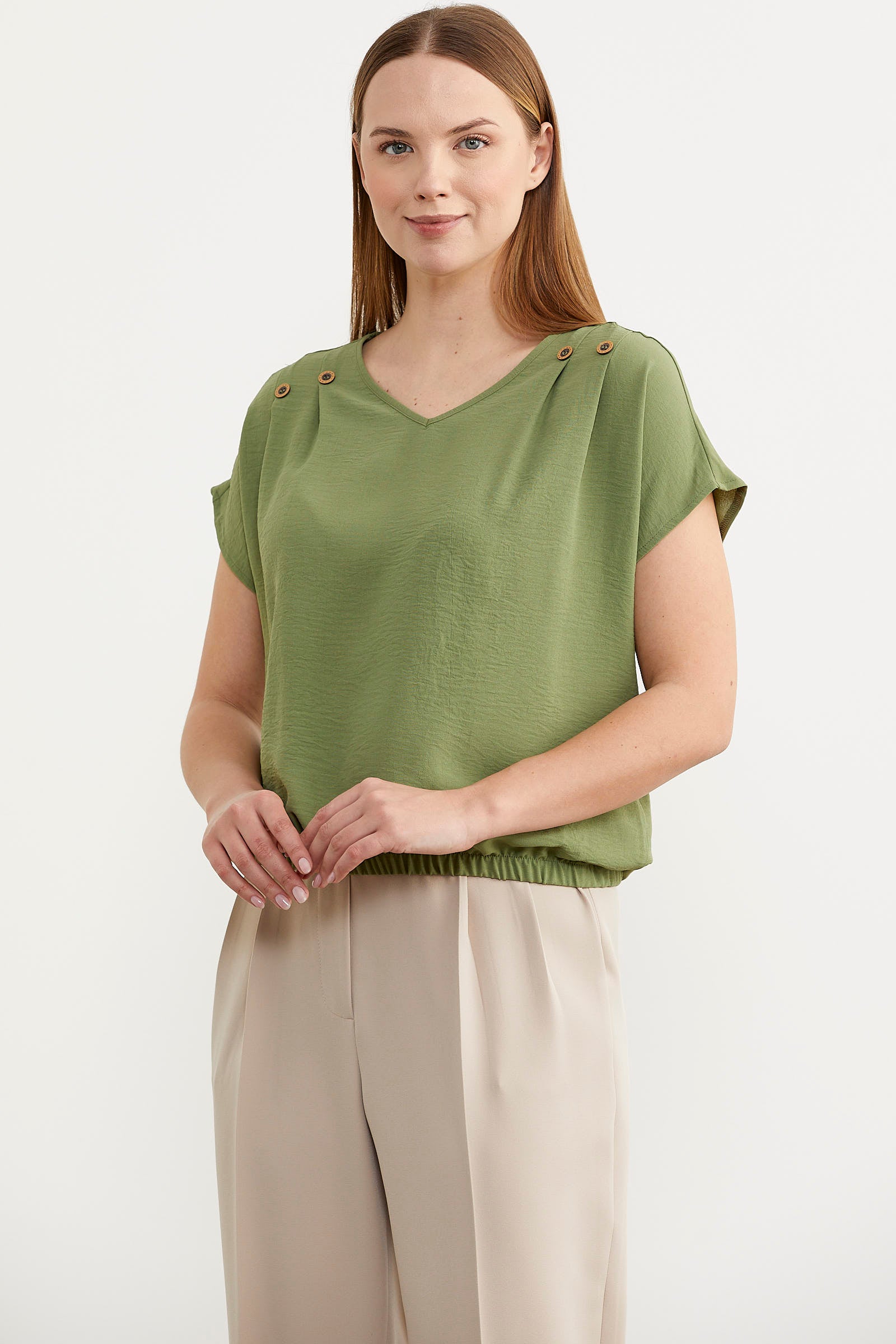 Beli Lastikli V Yaka Crop Bluz - Yeşil (2) Sementa