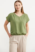 Beli Lastikli V Yaka Crop Bluz - Yeşil (4) Sementa