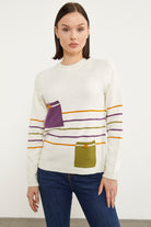 Blok Cepli Renk Çizgili Triko Kazak - Kemik (1) Sementa