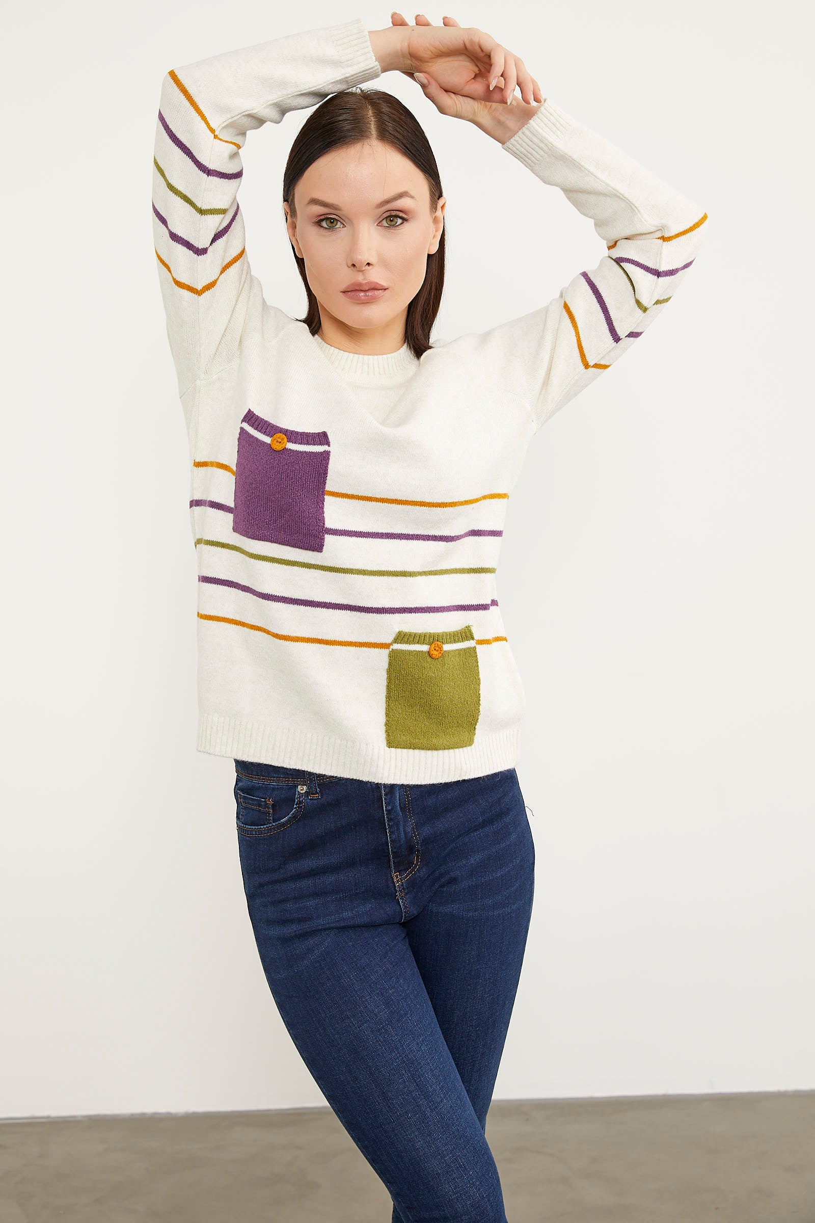 Blok Cepli Renk Çizgili Triko Kazak - Kemik (3) Sementa