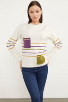 Blok Cepli Renk Çizgili Triko Kazak - Kemik (4) Sementa