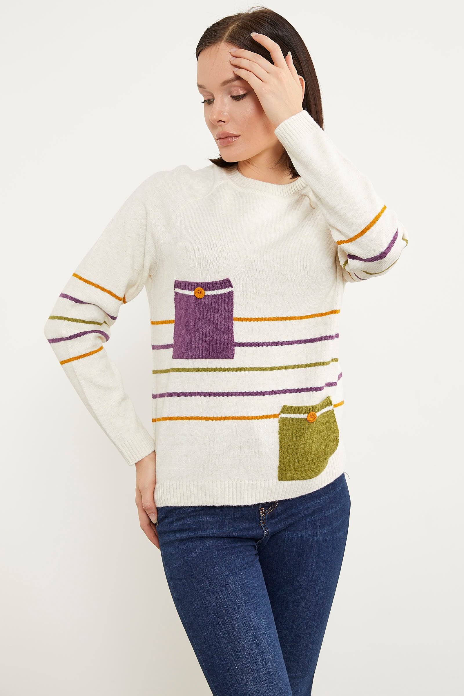 Blok Cepli Renk Çizgili Triko Kazak - Kemik (5) Sementa