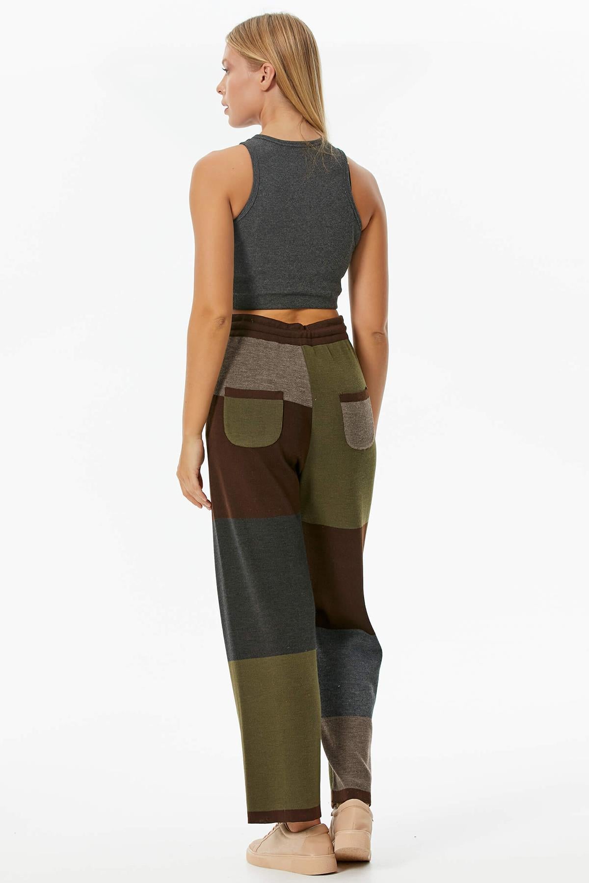 Blok Desenli Renkli Triko Pantolon - Kahve (7) Sementa