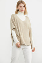 Bol Kesim V Yaka Triko Panço - Bej (1) Sementa