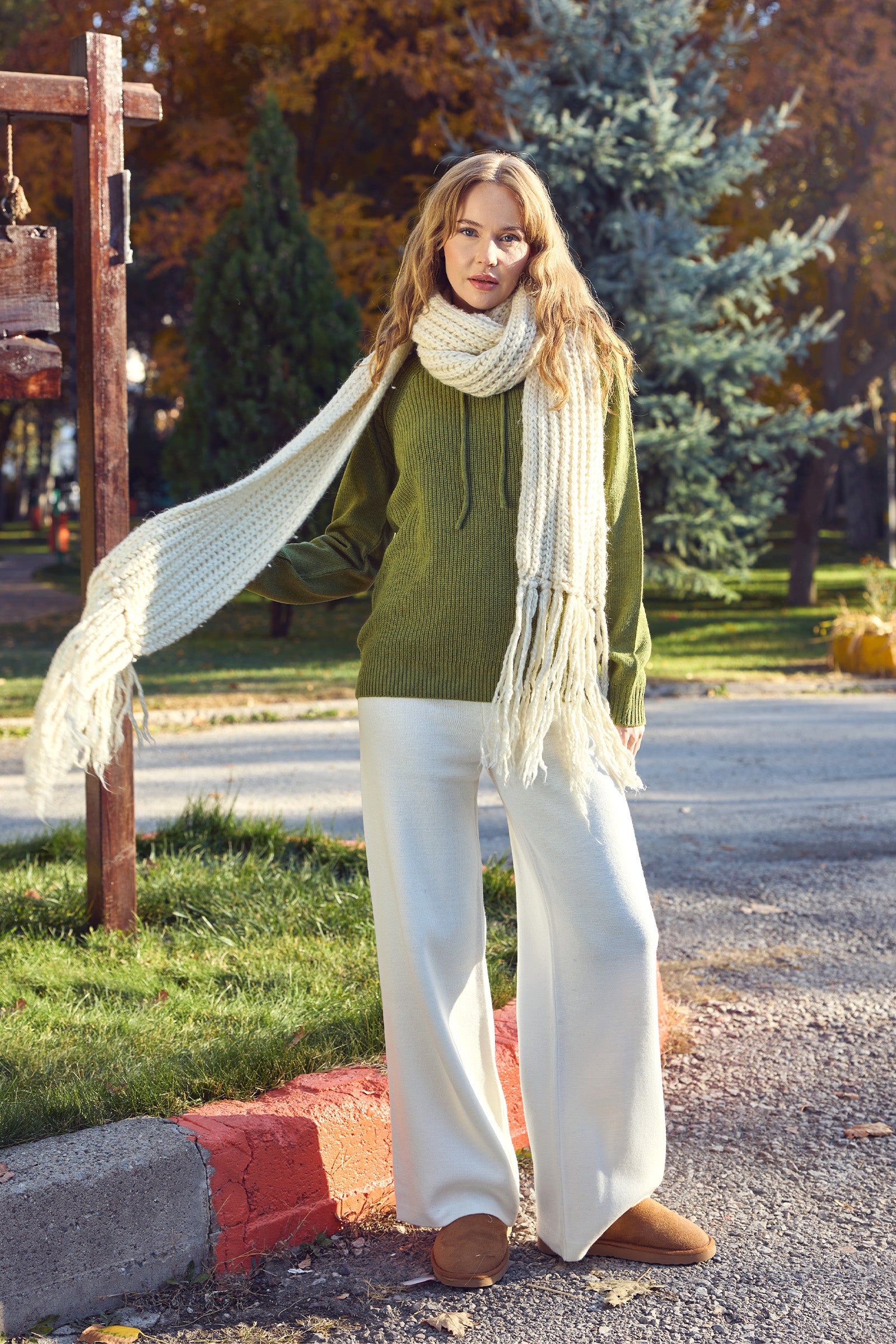 Bol Paça Lastikli Yünlü Triko Pantolon - Kemik - Sementa