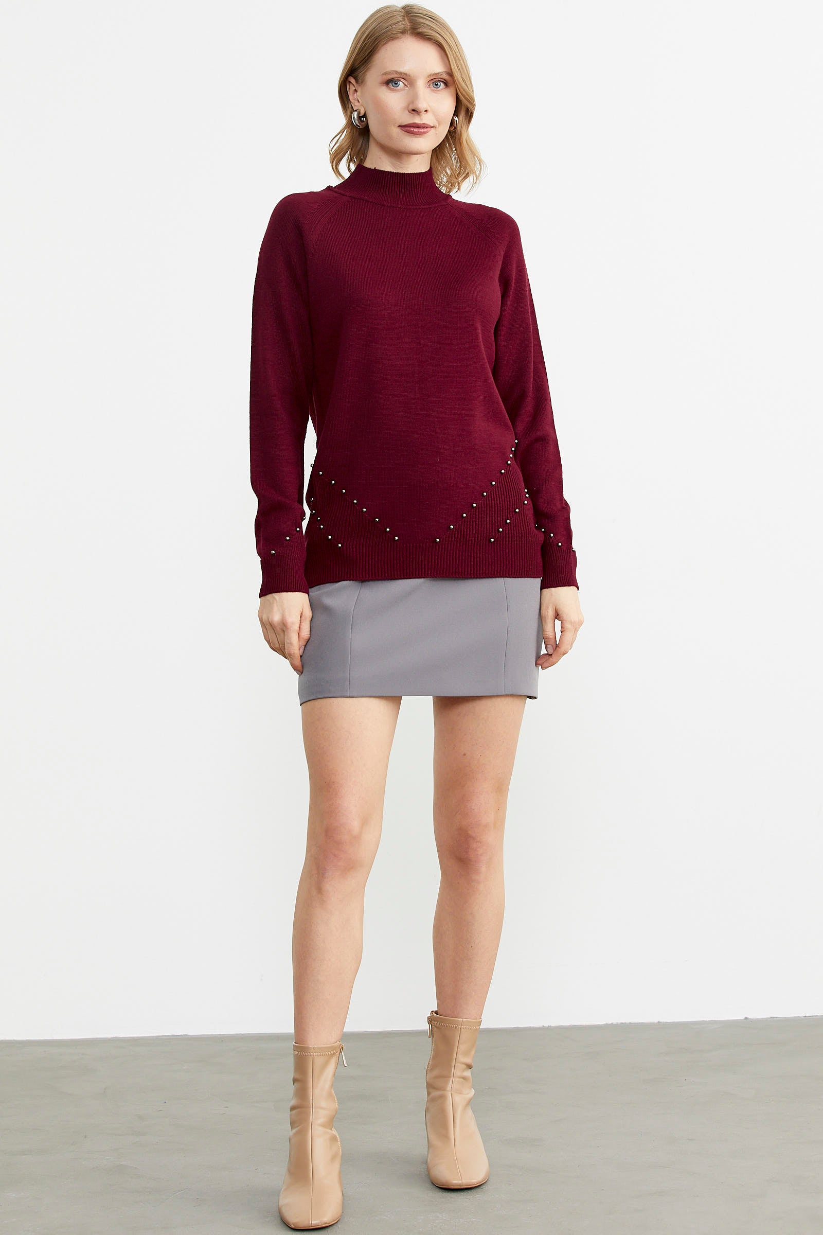 Boncuk Detaylı Triko Kazak - Bordo (1) Sementa