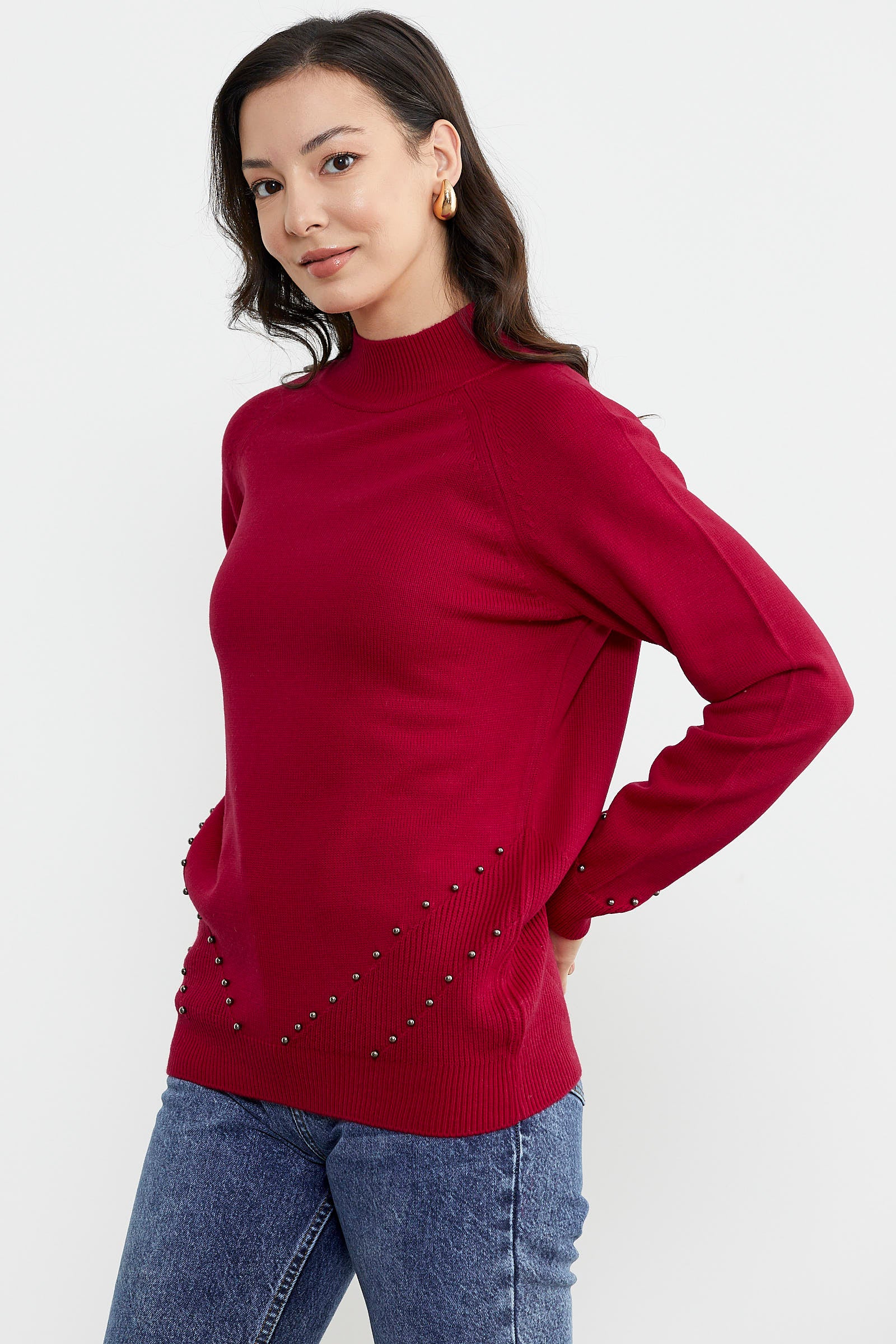 Boncuk Detaylı Triko Kazak - Kırmızı (4) Sementa