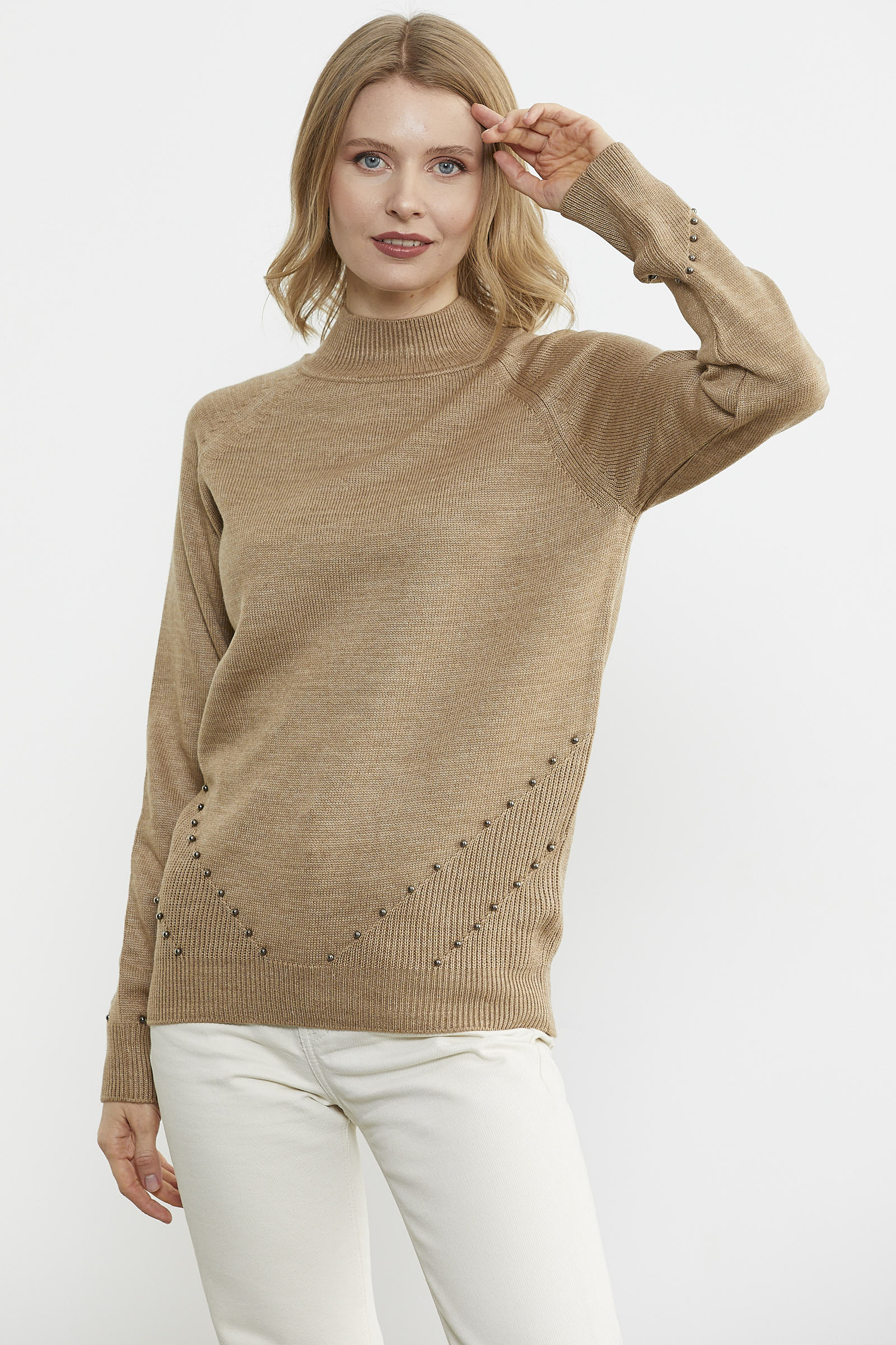 Boncuk Detaylı Triko Kazak - Kum (2) Sementa