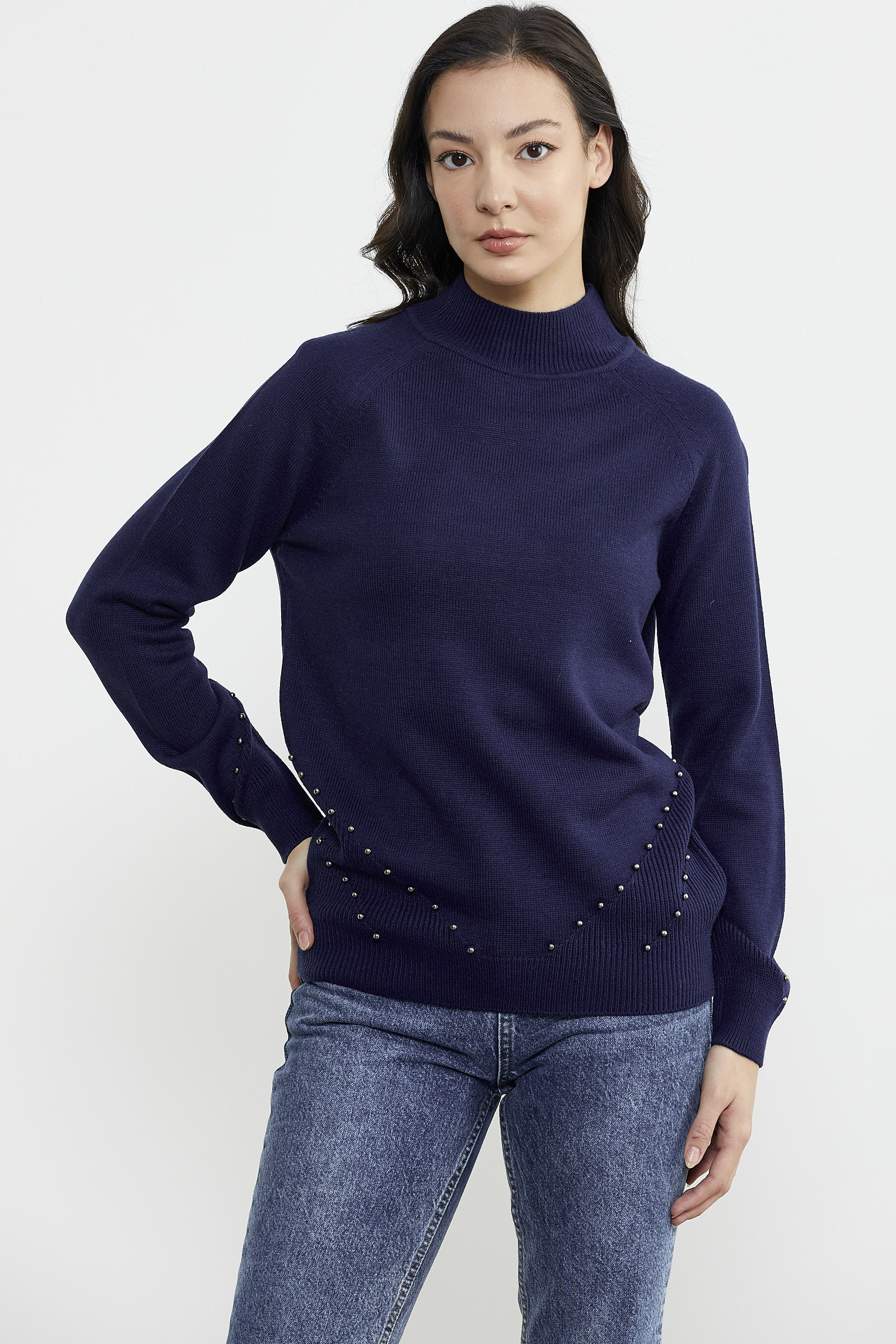 Boncuk Detaylı Triko Kazak - Lacivert (2) Sementa