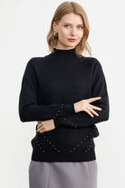 Boncuk Detaylı Triko Kazak - Siyah (2) Sementa