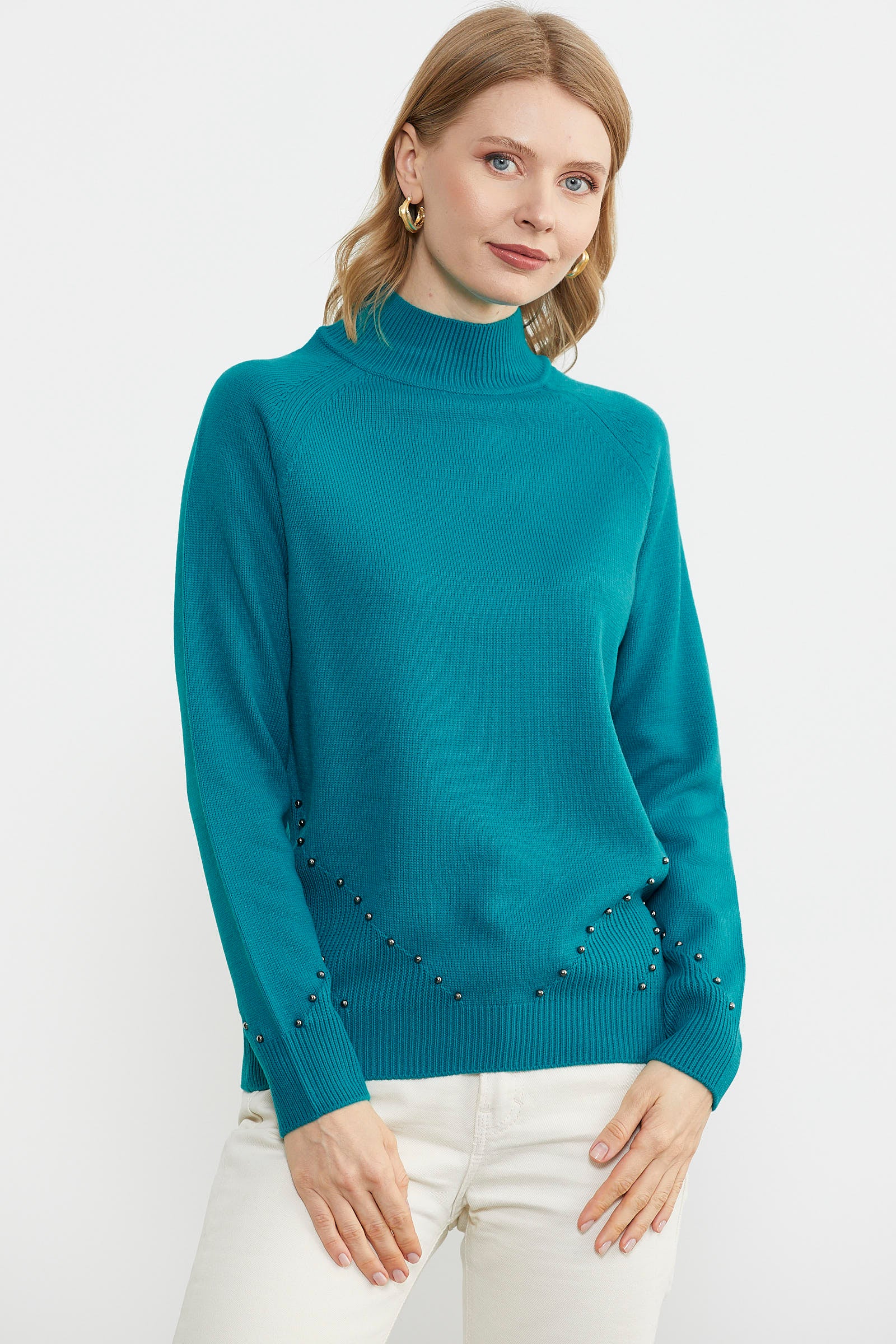 Boncuk Detaylı Triko Kazak - Turkuaz (3) Sementa