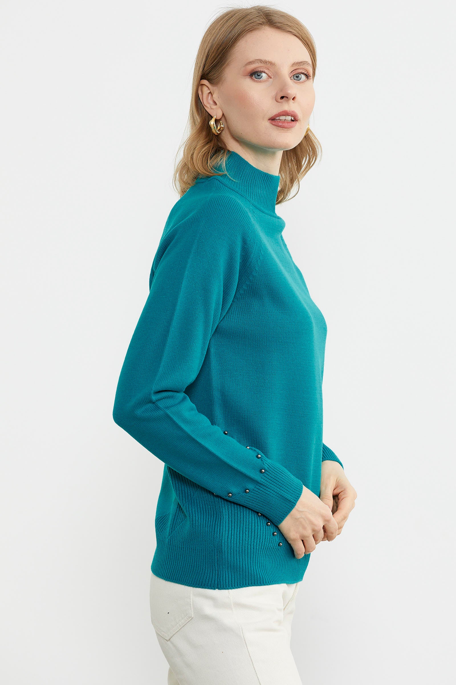 Boncuk Detaylı Triko Kazak - Turkuaz (4) Sementa