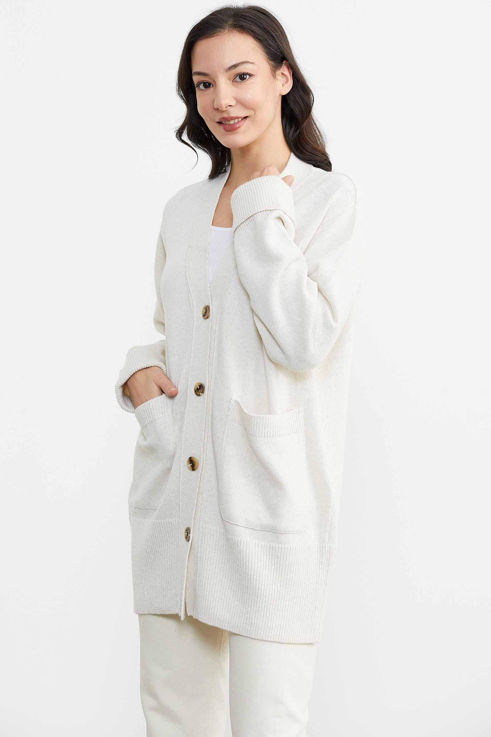 Büyük Beden Cepli Triko Hırka - Beyaz (2) Sementa