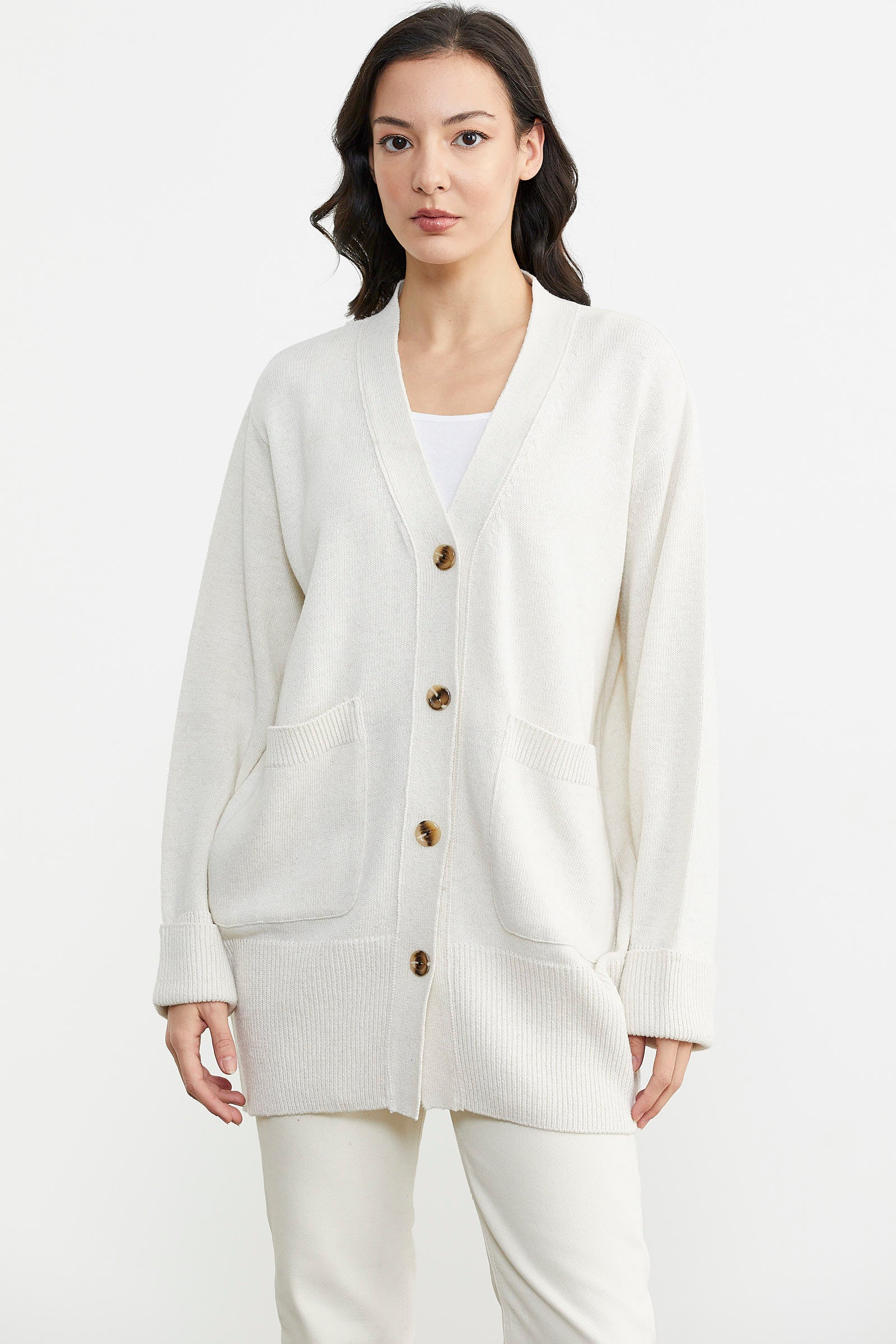 Büyük Beden Cepli Triko Hırka - Beyaz (4) Sementa