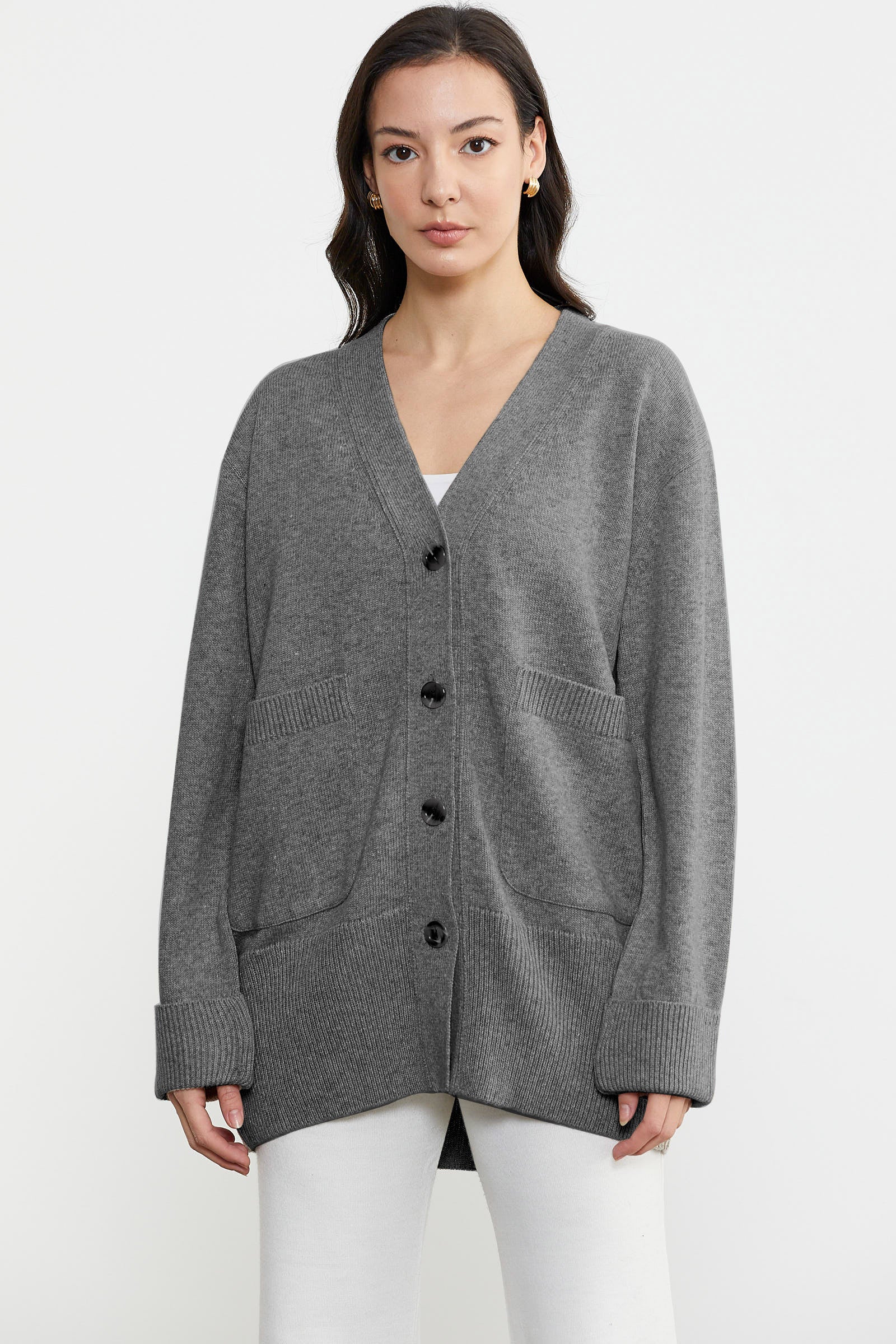 Büyük Beden Cepli Triko Hırka - Gri (2) Sementa