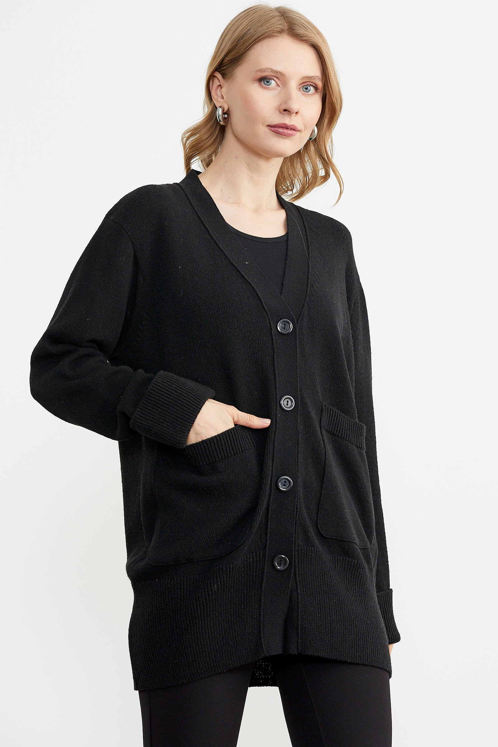 Büyük Beden Cepli Triko Hırka - Siyah (2) Sementa