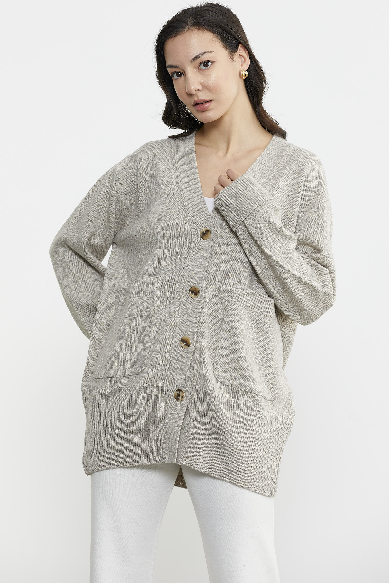 Büyük Beden Cepli Triko Hırka - Vizon (3) Sementa