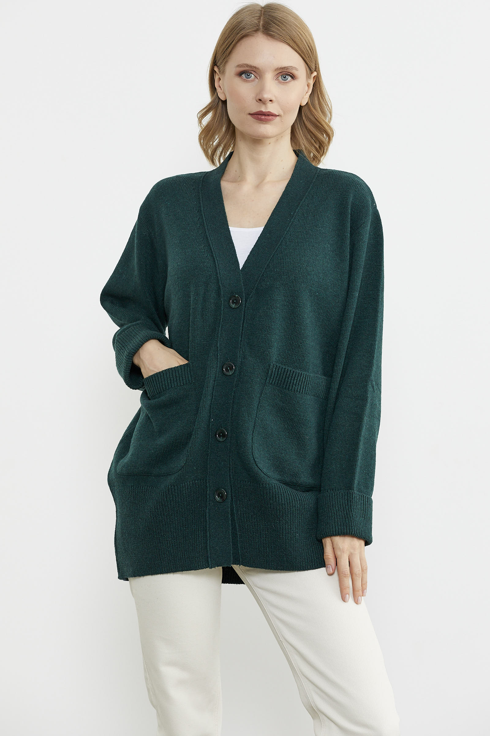 Büyük Beden Cepli Triko Hırka - Yeşil (1) Sementa