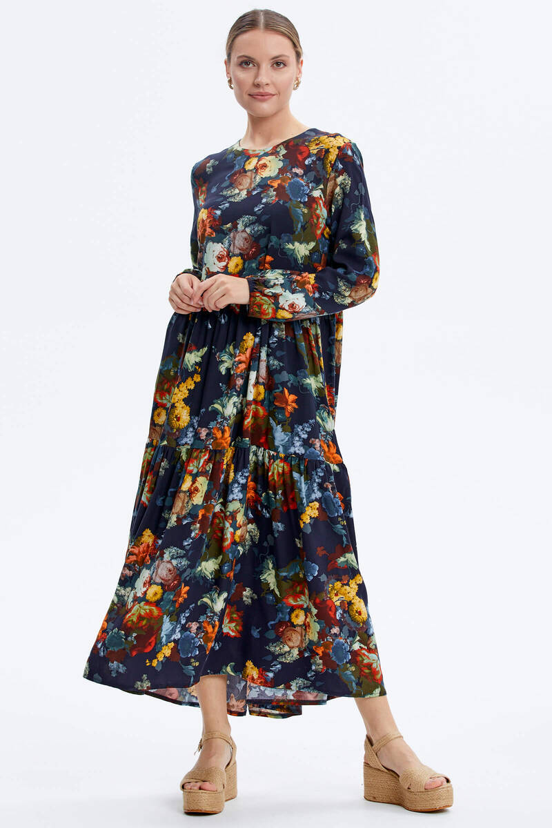Büyük Beden Çiçek Desenli Elbise - Lacivert (4) Sementa