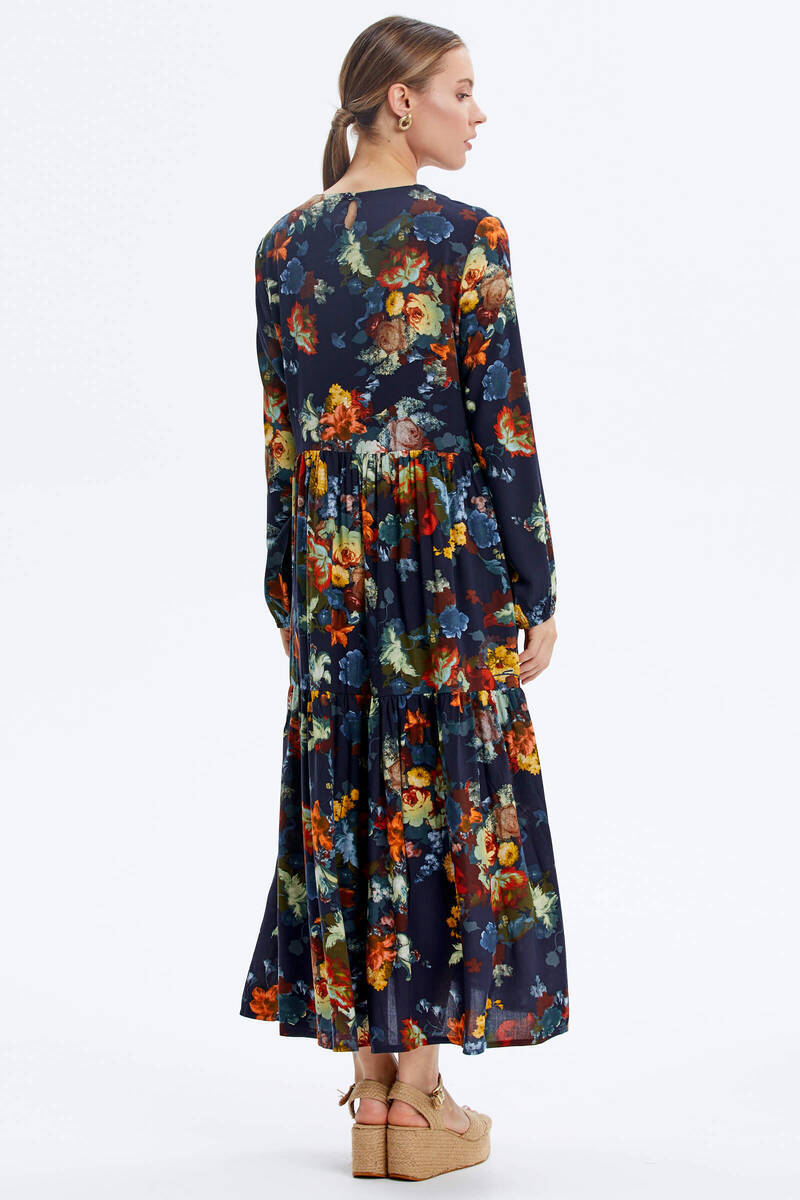 Büyük Beden Çiçek Desenli Elbise - Lacivert (5) Sementa