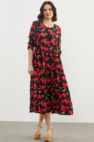 Büyük Beden Çiçek Desenli Elbise - Siyah (1) Sementa