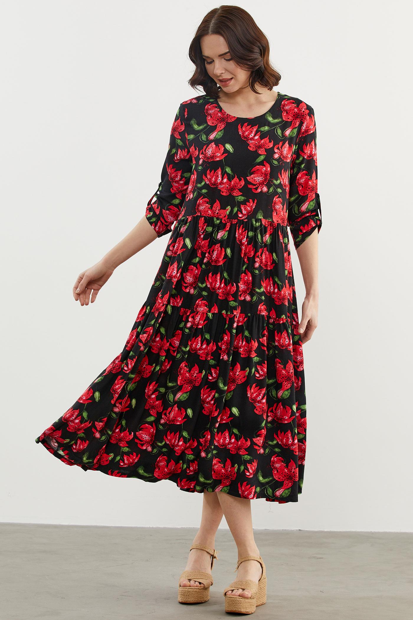 Büyük Beden Çiçek Desenli Elbise - Siyah (2) Sementa