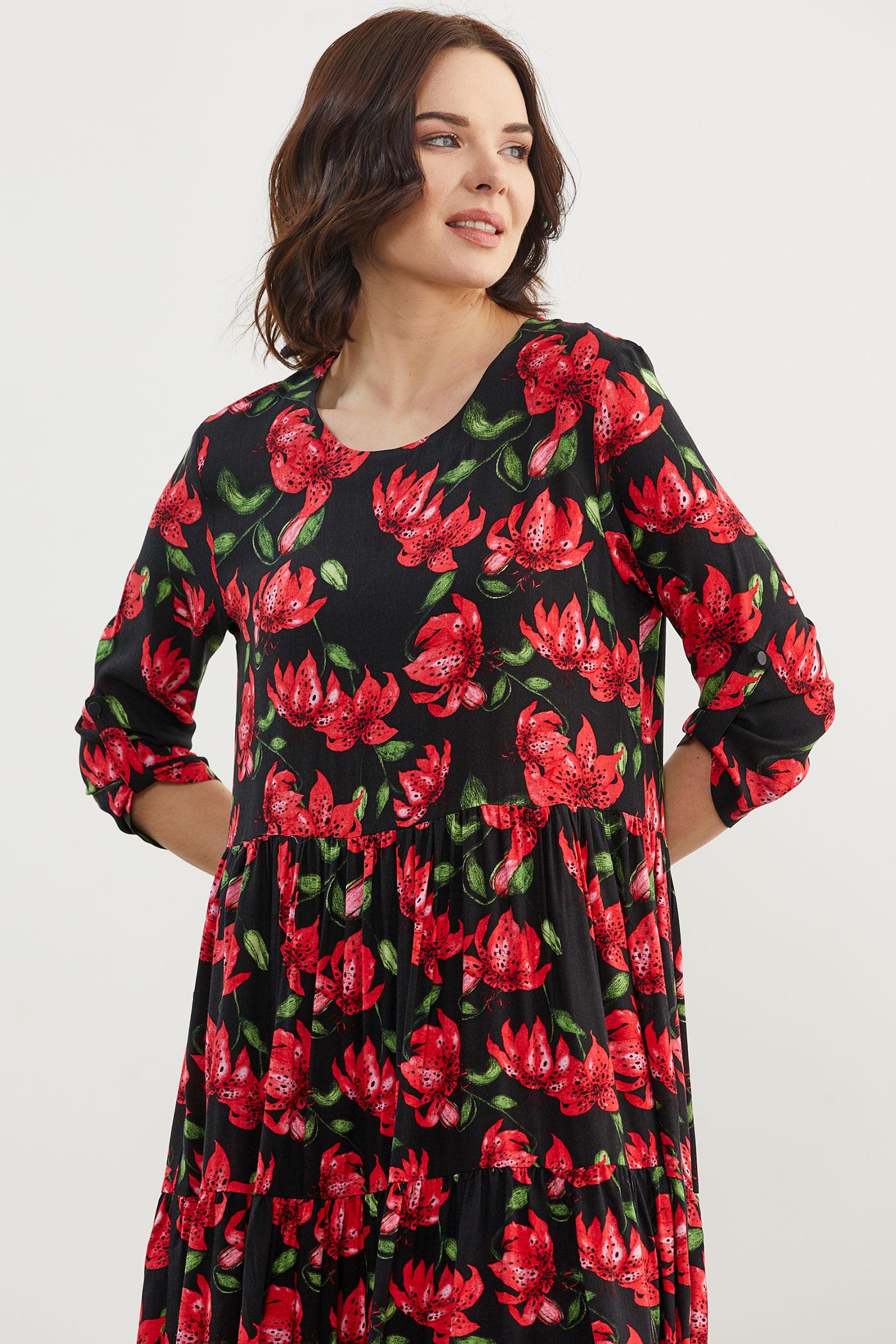 Büyük Beden Çiçek Desenli Elbise - Siyah (3) Sementa