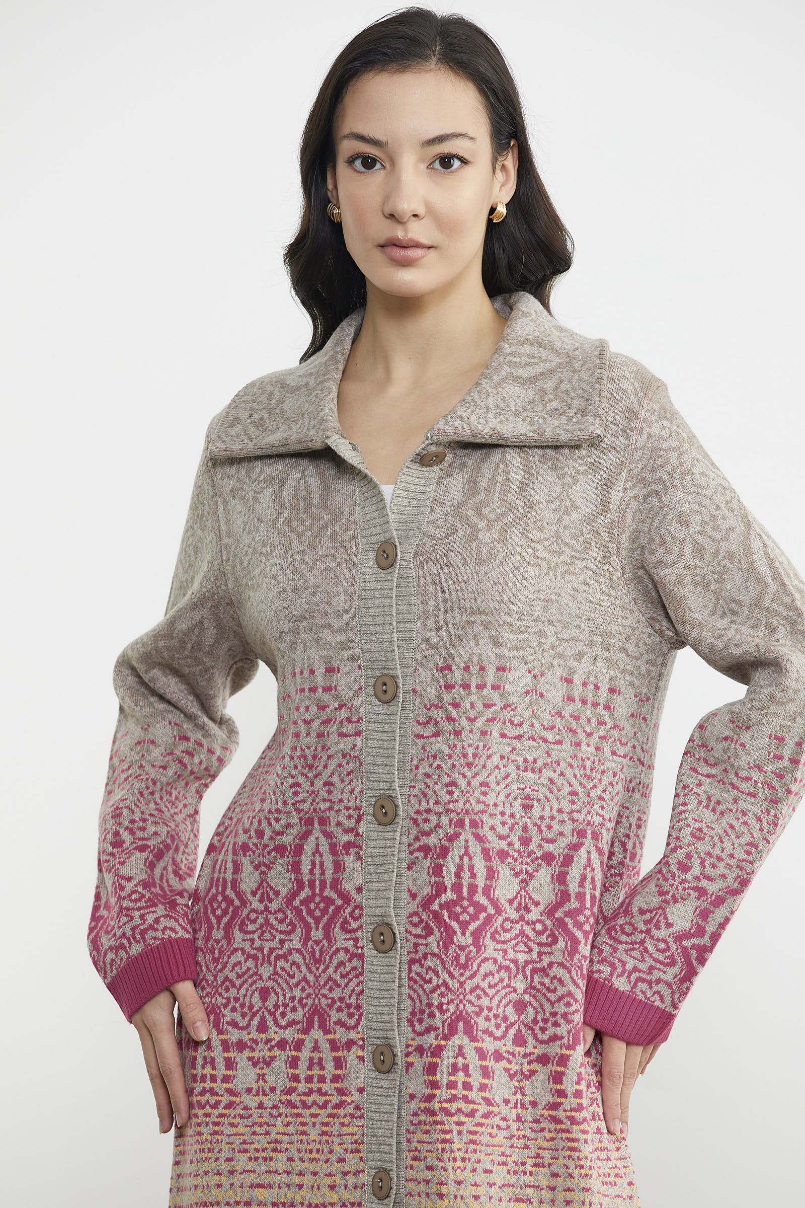 Büyük Beden Çok Renkli Uzun Triko Hırka - Vizon (2) Sementa