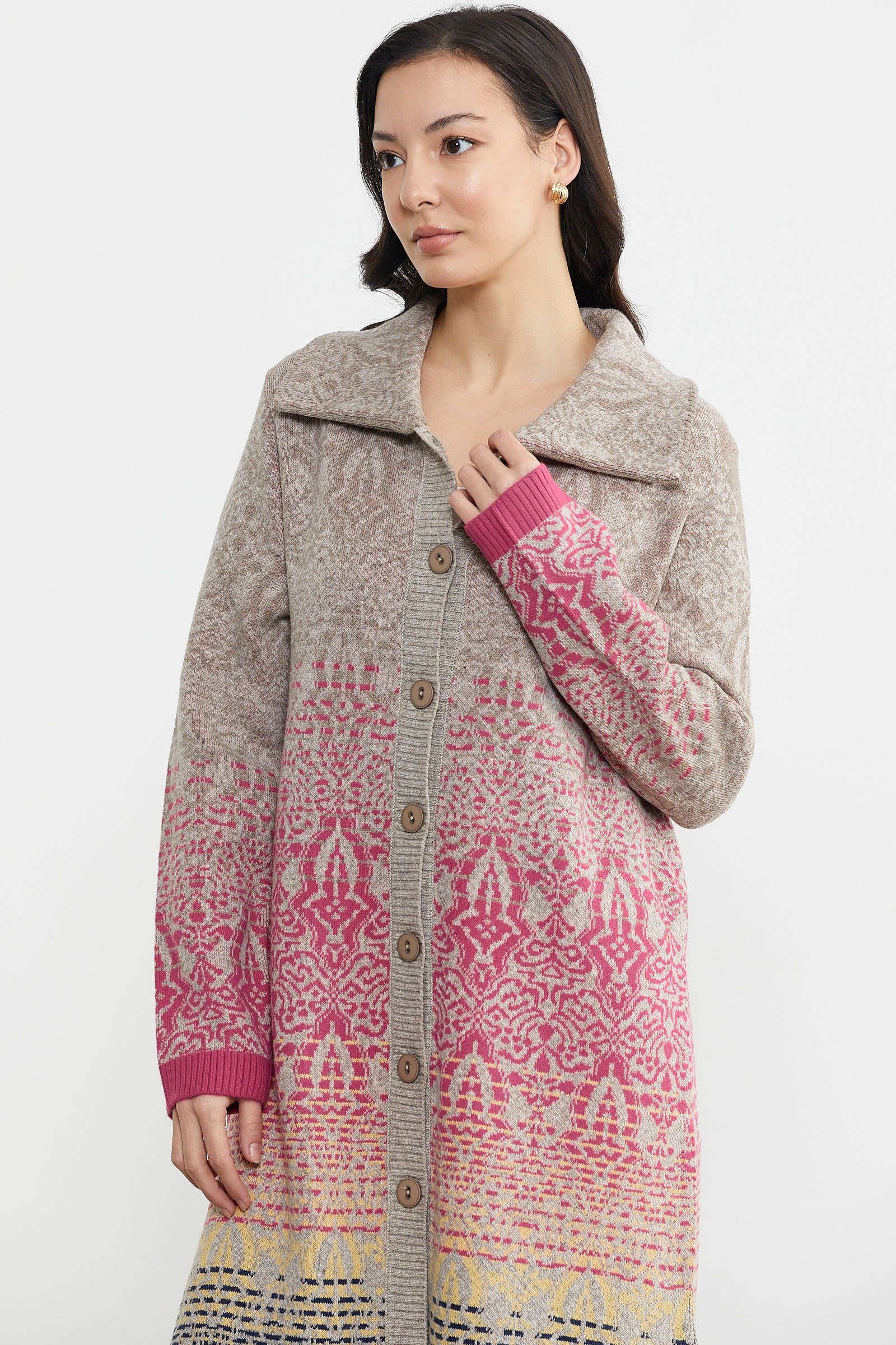 Büyük Beden Çok Renkli Uzun Triko Hırka - Vizon (3) Sementa