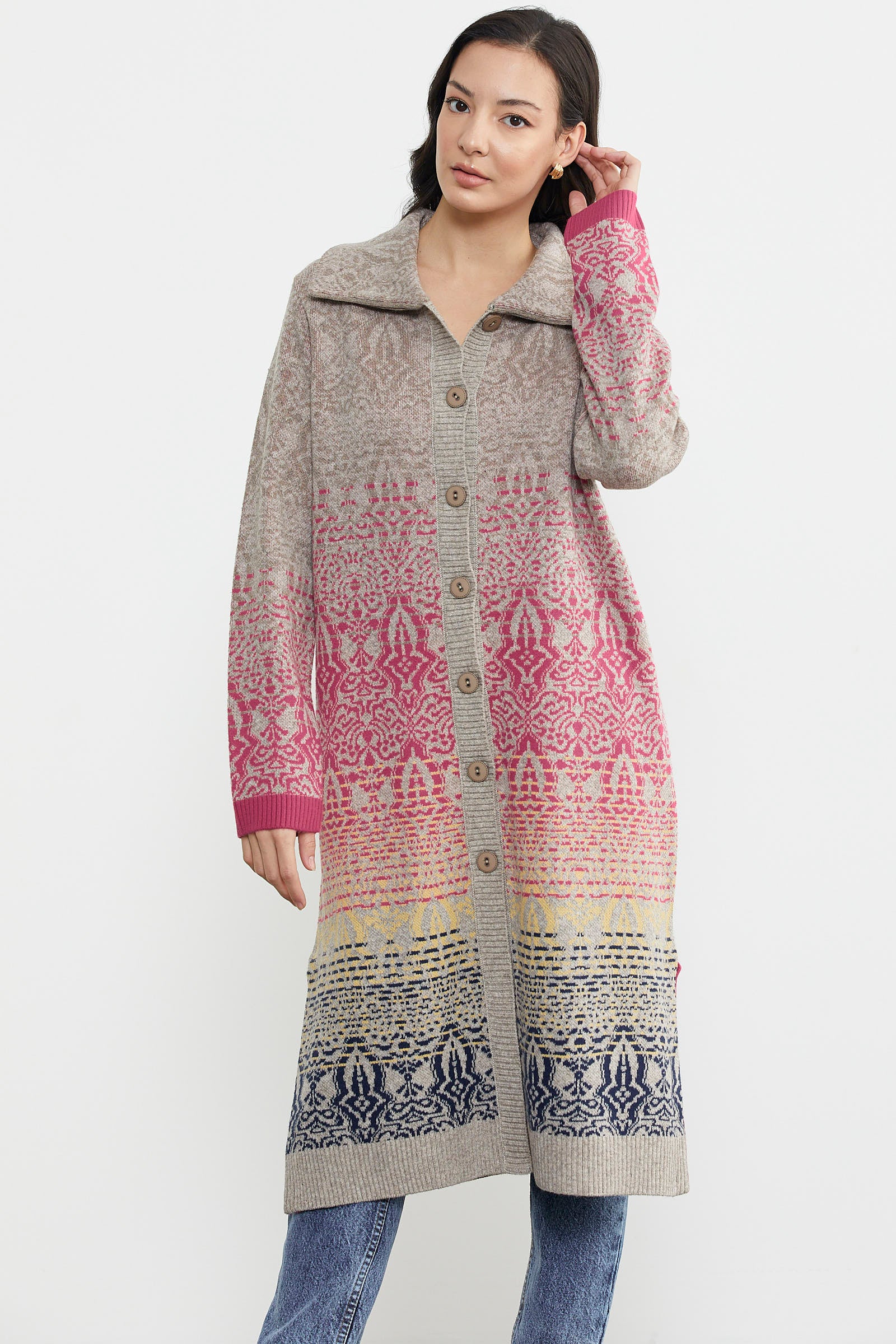 Büyük Beden Çok Renkli Uzun Triko Hırka - Vizon (5) Sementa