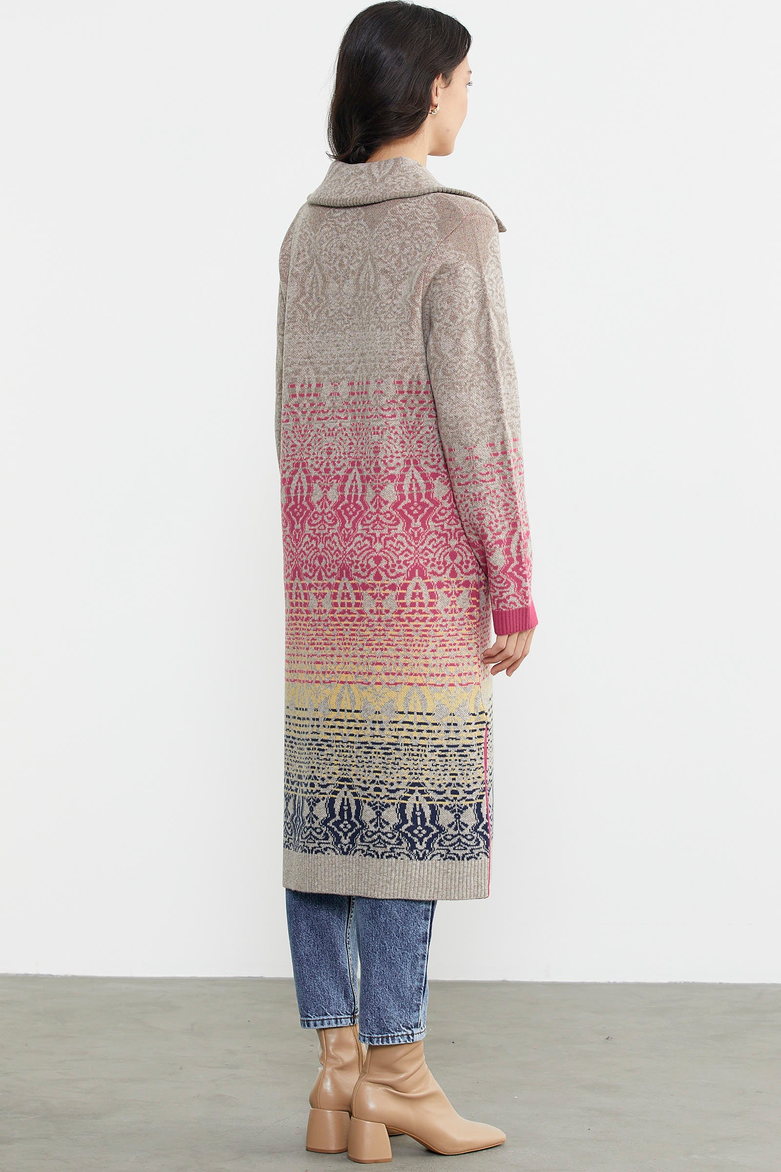 Büyük Beden Çok Renkli Uzun Triko Hırka - Vizon (8) Sementa