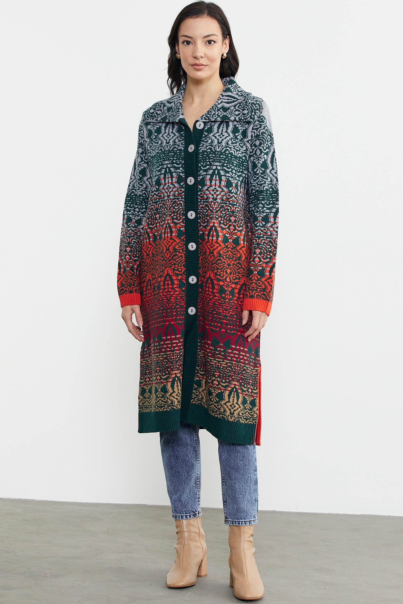 Büyük Beden Çok Renkli Uzun Triko Hırka - Yeşil (1) Sementa