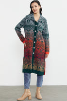 Büyük Beden Çok Renkli Uzun Triko Hırka - Yeşil (2) Sementa