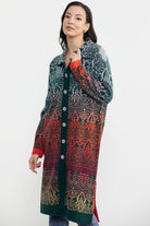 Büyük Beden Çok Renkli Uzun Triko Hırka - Yeşil (3) Sementa