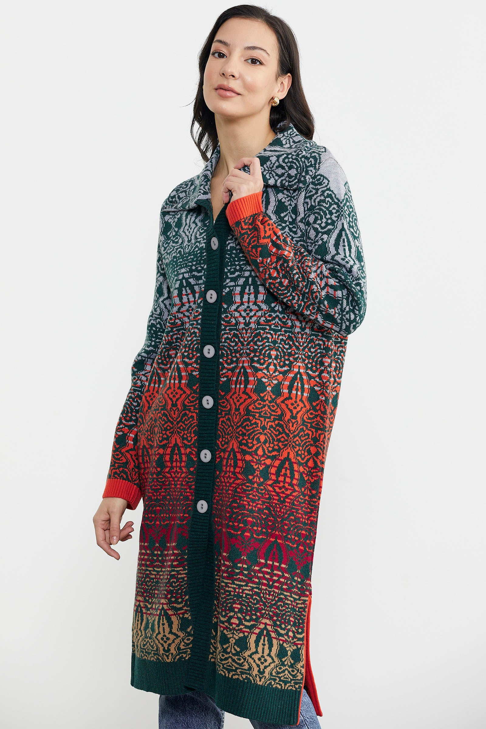 Büyük Beden Çok Renkli Uzun Triko Hırka - Yeşil (3) Sementa