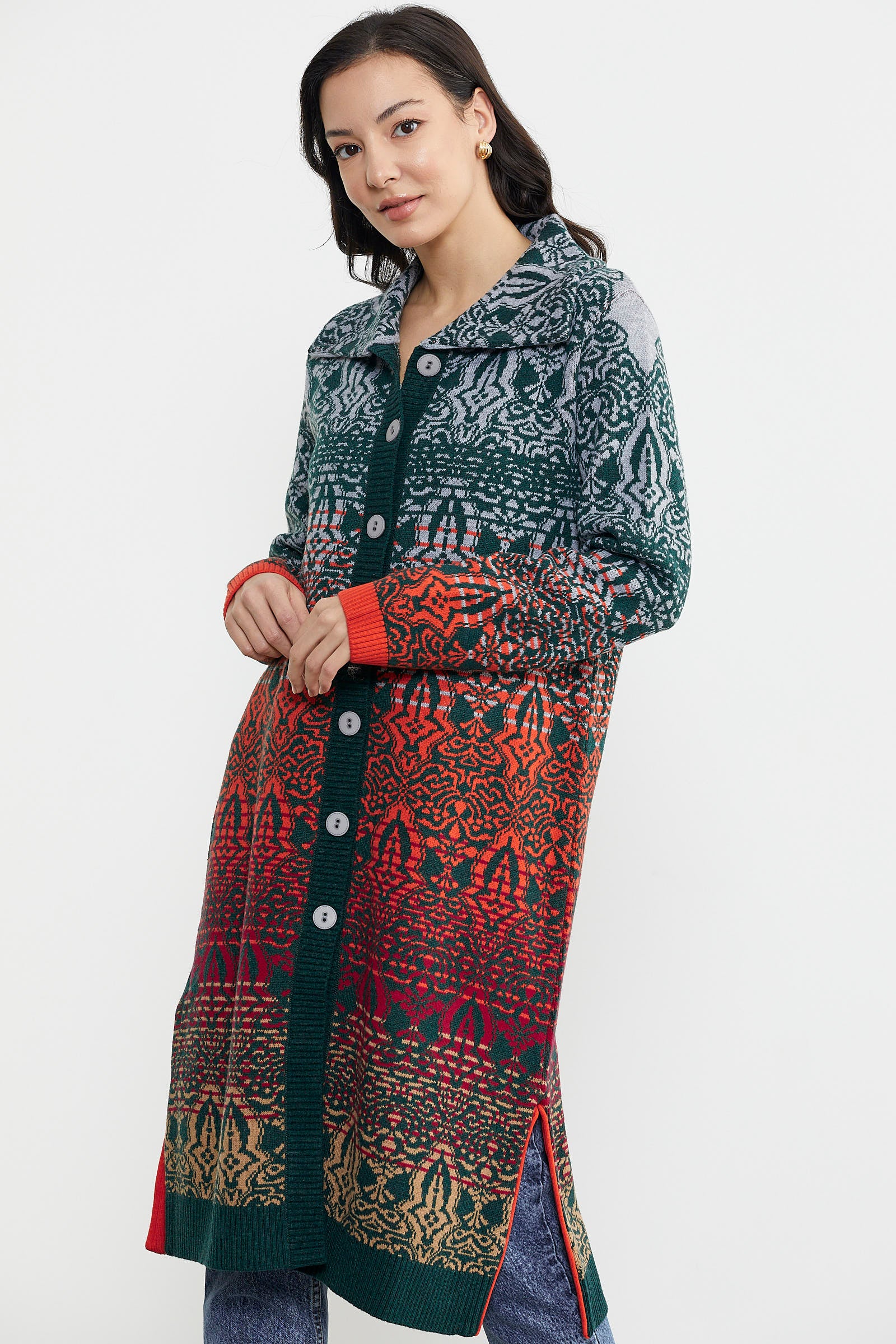 Büyük Beden Çok Renkli Uzun Triko Hırka - Yeşil (4) Sementa