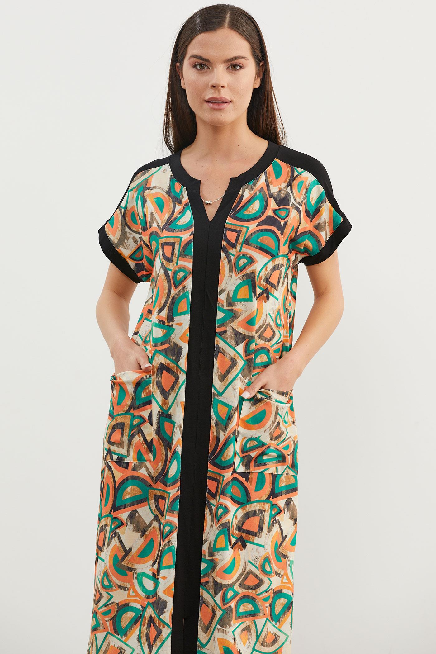 Büyük Beden Desenli Penye Elbise - Yeşil (2) Sementa