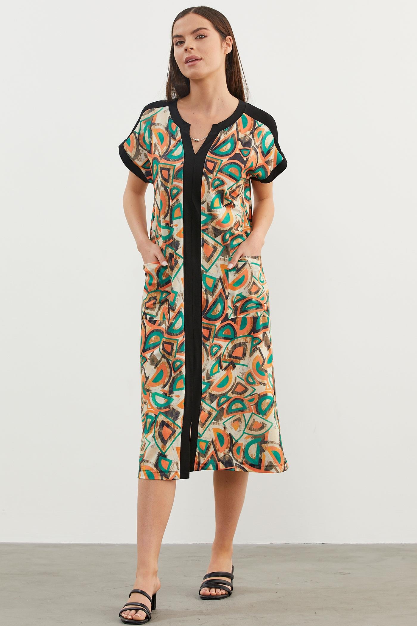 Büyük Beden Desenli Penye Elbise - Yeşil (4) Sementa