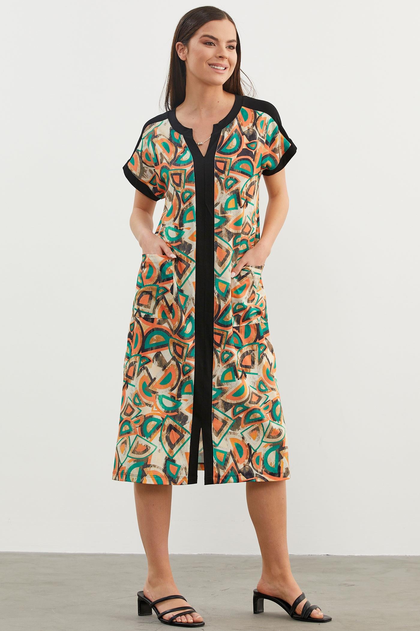 Büyük Beden Desenli Penye Elbise - Yeşil (5) Sementa