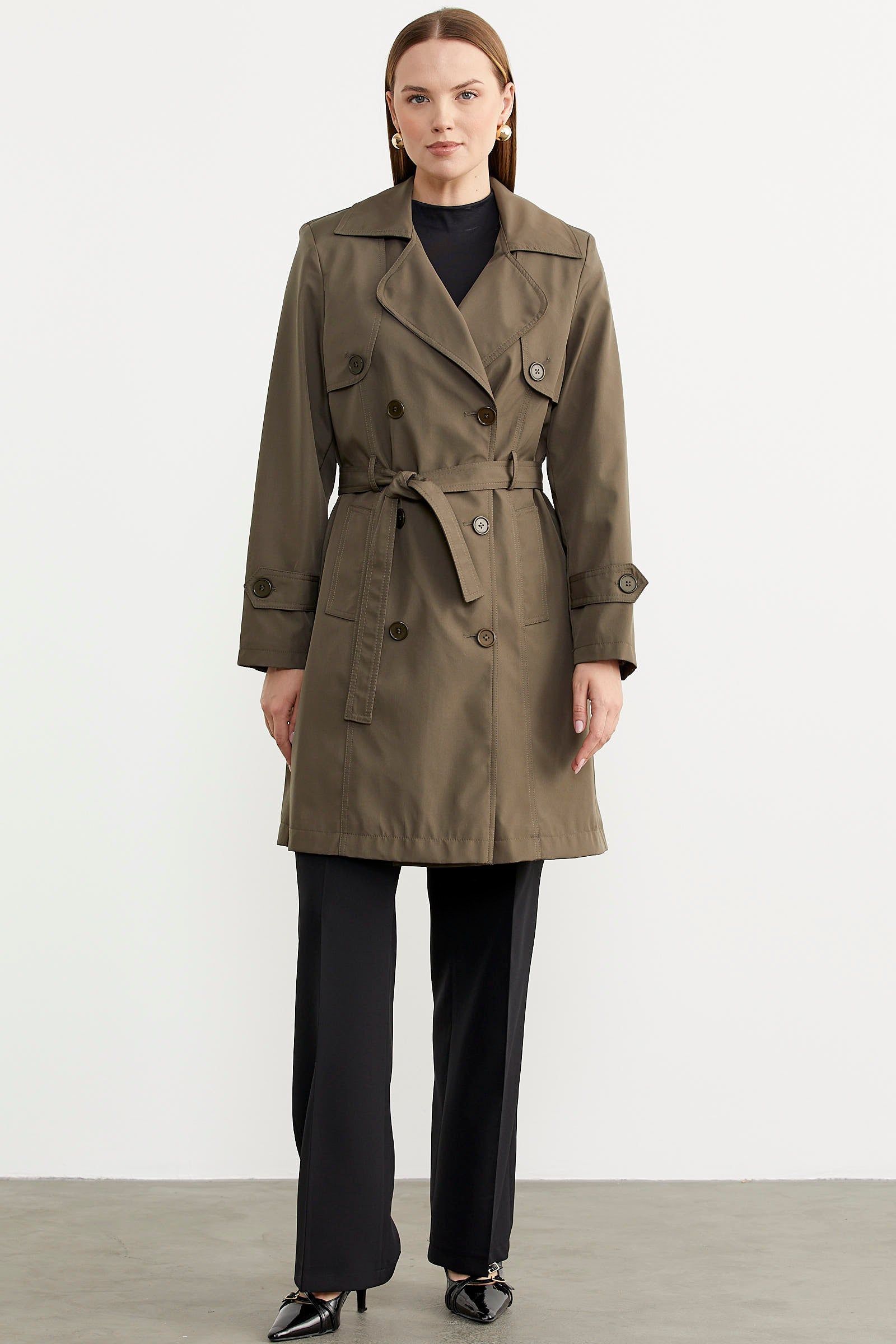 Plus Size Shawl Collar Trench Coat Khaki Khaki 42