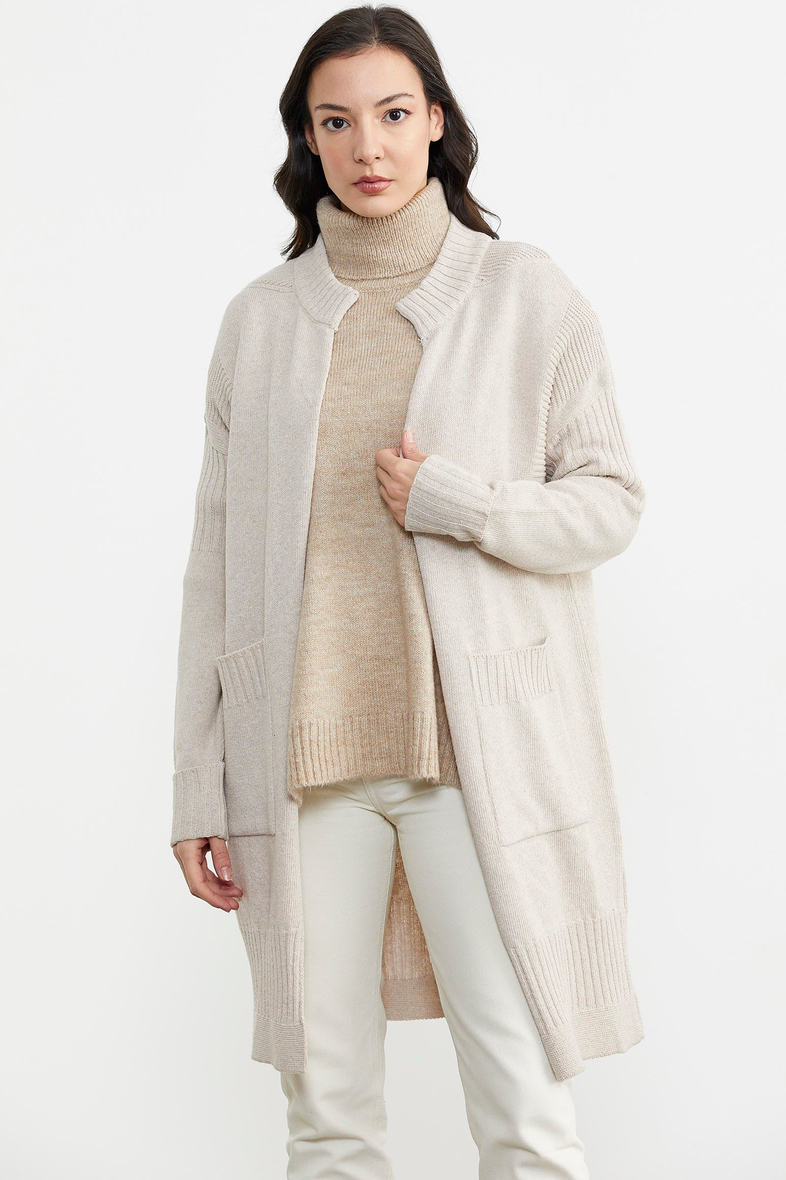 Büyük Beden Uzun Triko Hırka - Açık Bej (1) Sementa