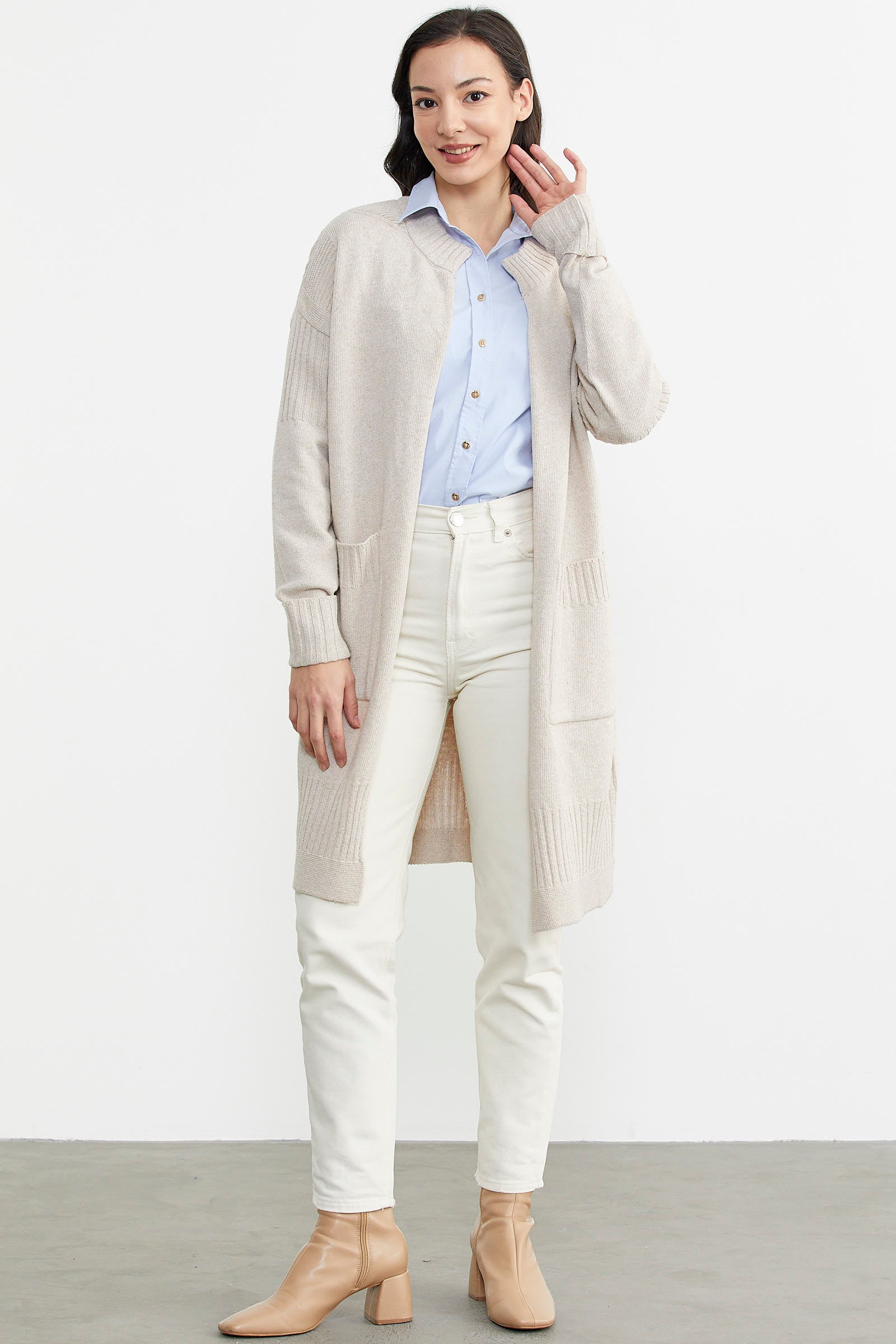 Büyük Beden Uzun Triko Hırka - Açık Bej (3) Sementa