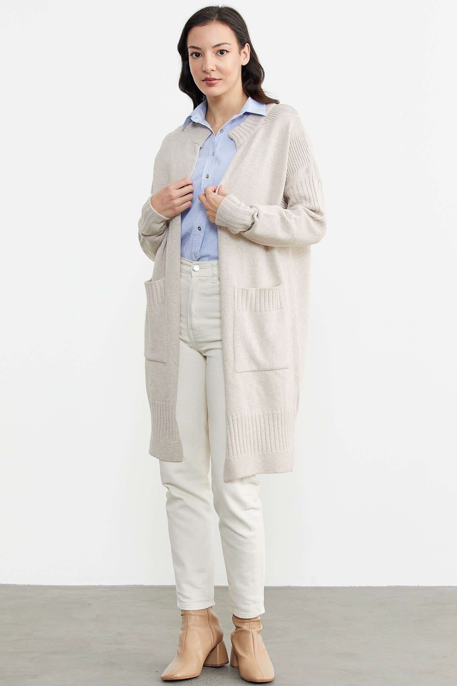 Büyük Beden Uzun Triko Hırka - Açık Bej (4) Sementa