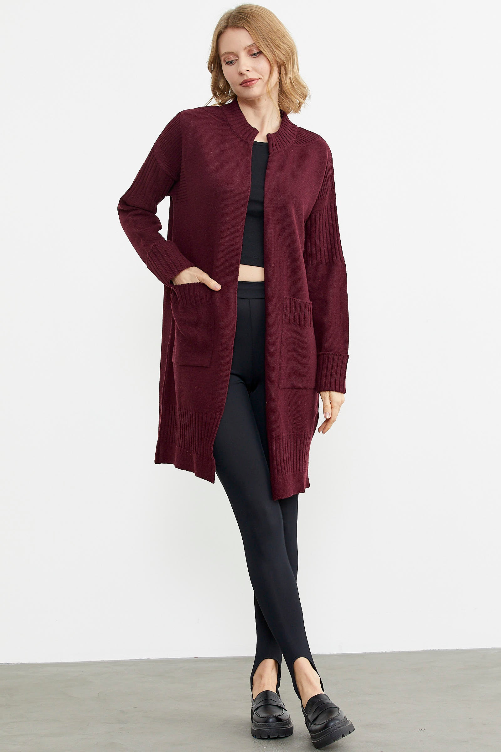 Büyük Beden Uzun Triko Hırka - Bordo (2) Sementa