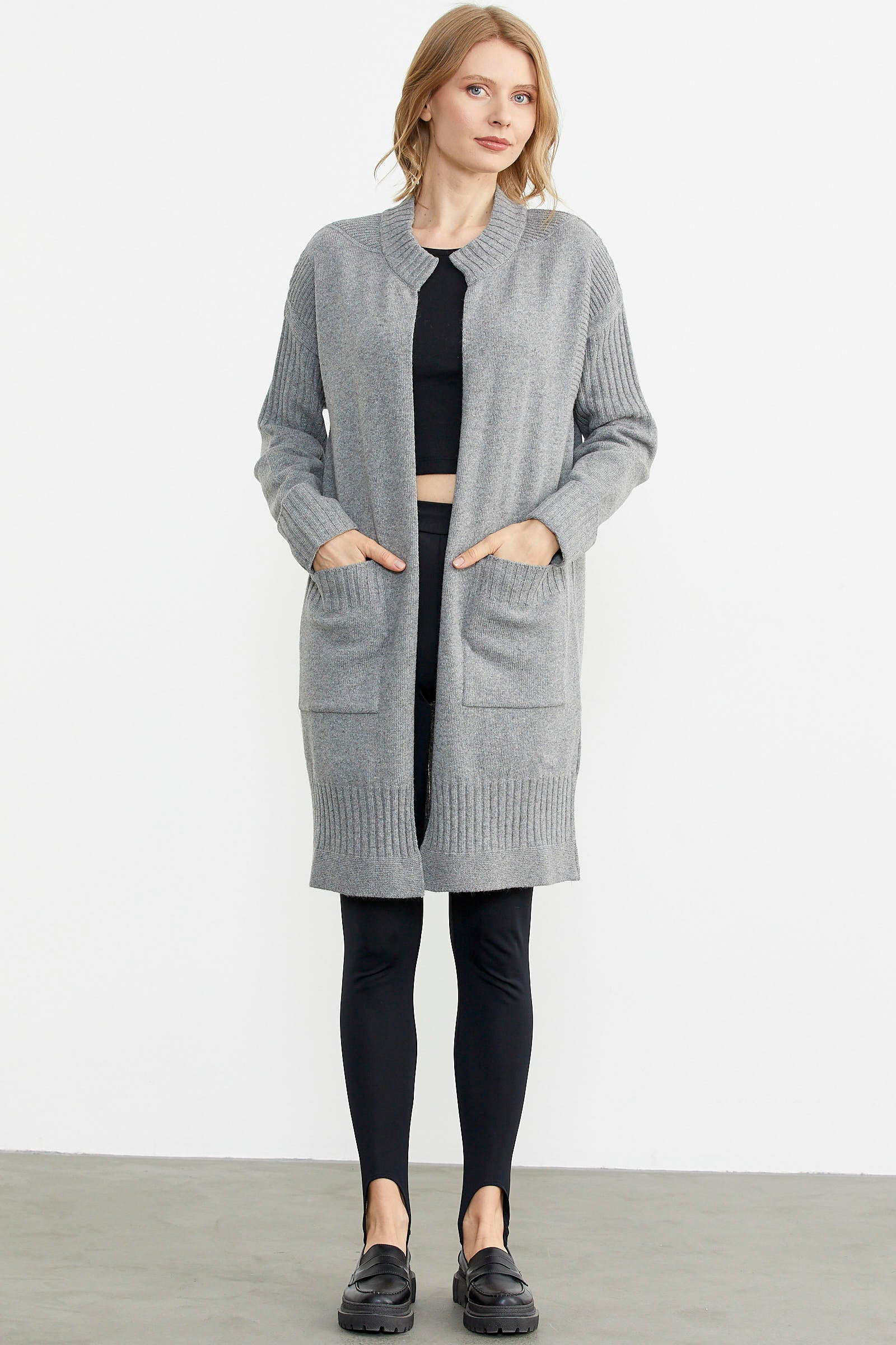 Büyük Beden Uzun Triko Hırka - Gri (1) Sementa