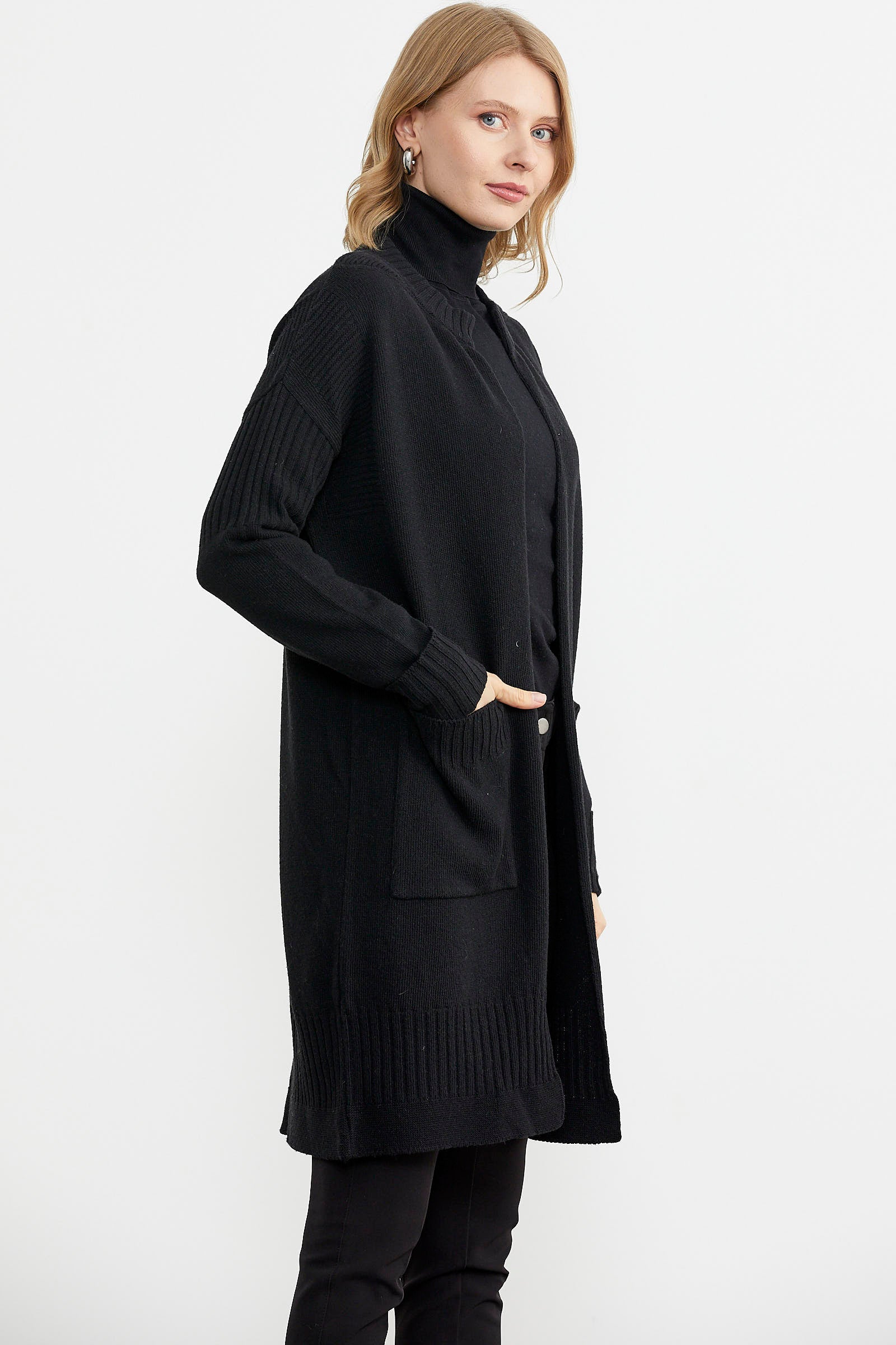 Büyük Beden Uzun Triko Hırka - Siyah (4) Sementa